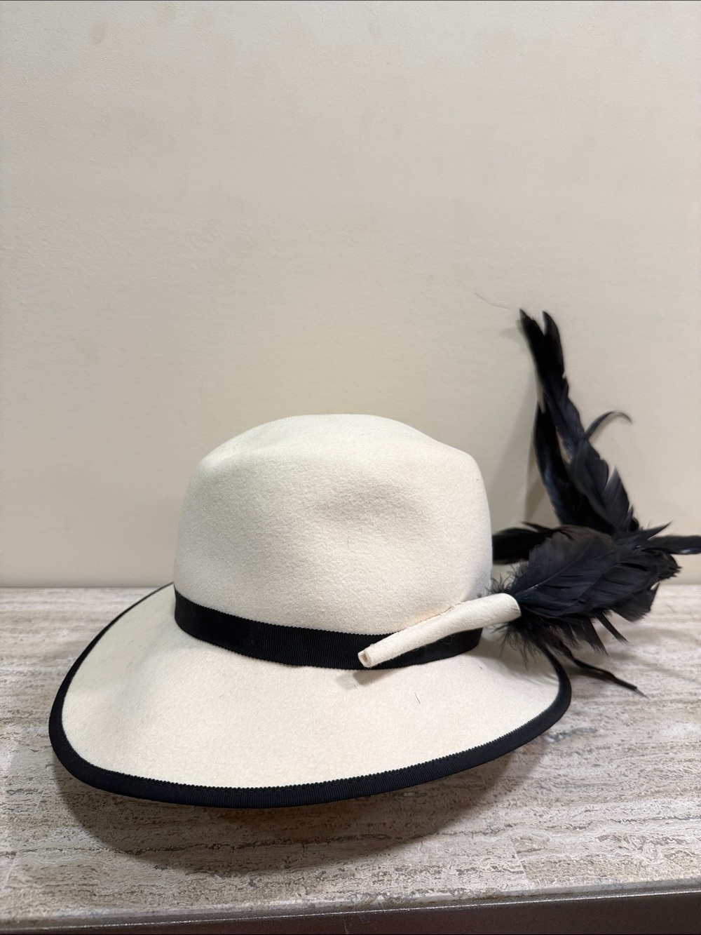 Cream Wide-Brim Wool Hat with Black Trim & Feather Detail